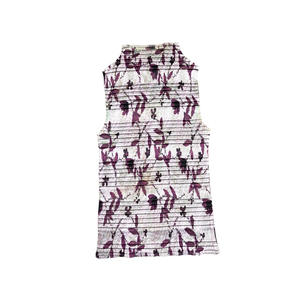 E.R. Designs Womens Purple Floral Plisse Accordion Pleated Mock Neck Top Small
